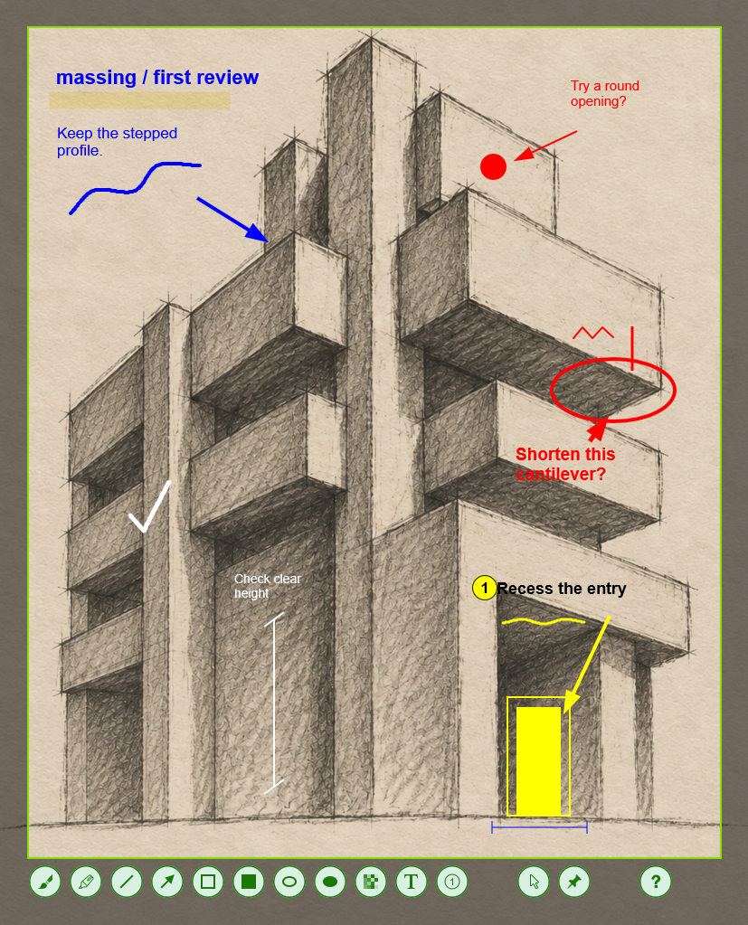 A charcoal building sketch reviewed in greenflame, with arrows, freehand marks, dimensions, and notes suggesting a circular opening, shorter cantilever, and recessed entry. The capture border and annotation toolbar are visible.